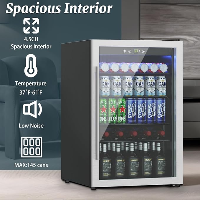 Beverage Refrigerator Cooler, 145 Can Mini Fridge Glass Door for Drinks Soda, Beer, or Wine - Small Refrigerator for Office Bedroom Home Bar, Adjustable Shelves, 4.5 Cu.Ft, Silver