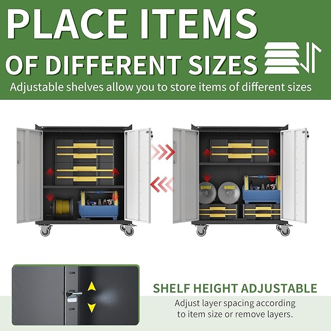 Metal Tool Cabinet,Garage Storage Cabinet System,Wall Cabinet & Locking Rolling Tool Cabinet with Doors and Adjustable Shelves,Steel Tool Cabinets for Home (2 Pcs-Styled, Black & Grey)