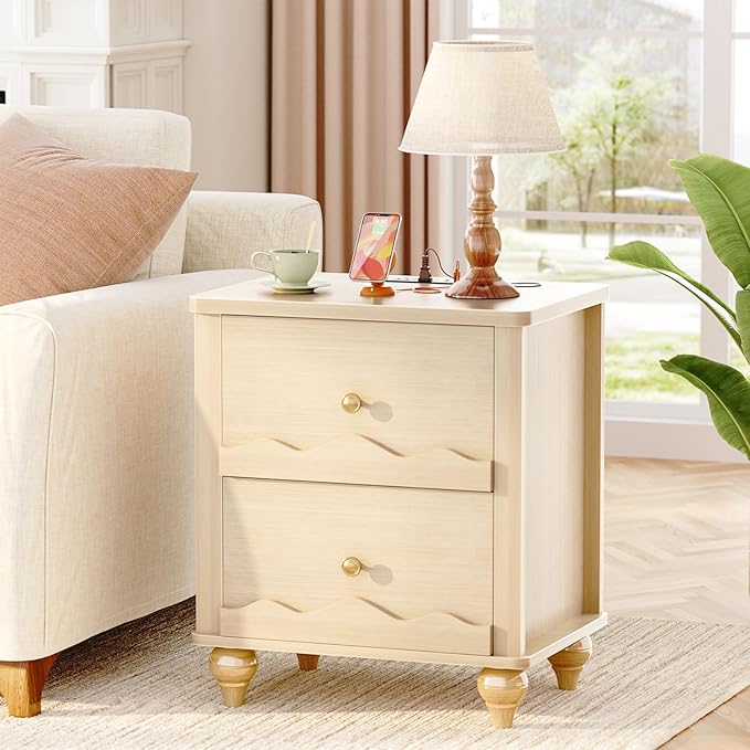 Cyclysio Nightstand with Charging Station, Side End Table with 2 Drawers, Modern Wood Night Stand with Scalloped Pattern for Bedroom, Bedside Night Tables with Solid Wood Gourd Legs