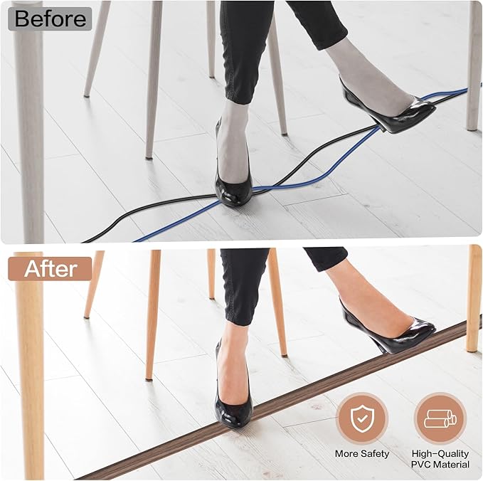 Floor Cord Cover Self Adhesive Cord Hider Floor Extension Cord Covers for Floor Power Cord Protector Cable Management Prevent Cable Trips Cable Cavity 0.32" W x 0.32" H (Smoked Brown Wood, 10Ft)