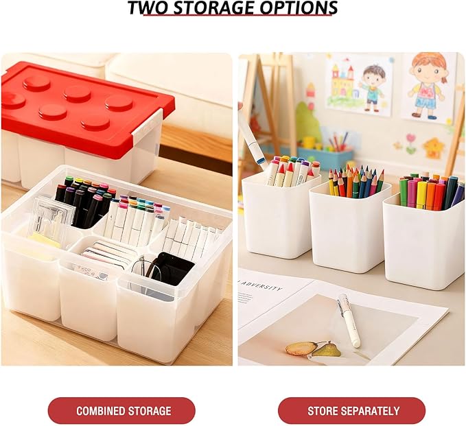 loobuu Plastic Storage Bins with Lids, Art Craft Supply Organizer Box with Brush Pot, Multipurpose Stackable Storage Containers for Organizing Tool, Craft, Crayon,Sewing (Red)