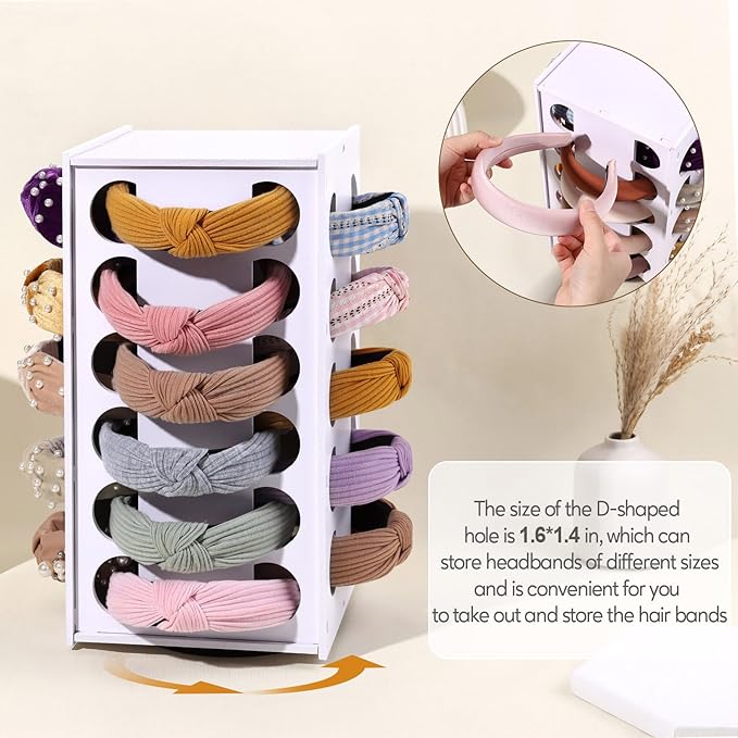 Headband Holder Organizer for Girls, Rotating Headband Storage for Women,White Hairband Display Stand, Hair Hoop Rack Holder for Vanity,Dresser,or Bathroom Decor