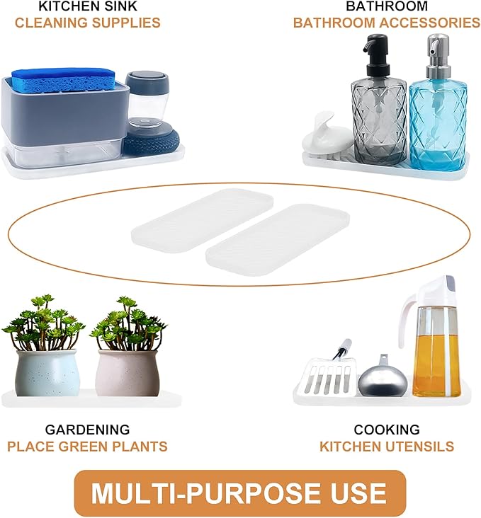 Silicone Organizer Tray, Soap and Sponge Holder for Kitchen Sink, Bathroom - Storage Tray for Dish Brush, Soap Dispenser, Dishwashing Accessories- 2 Pack (Clear)