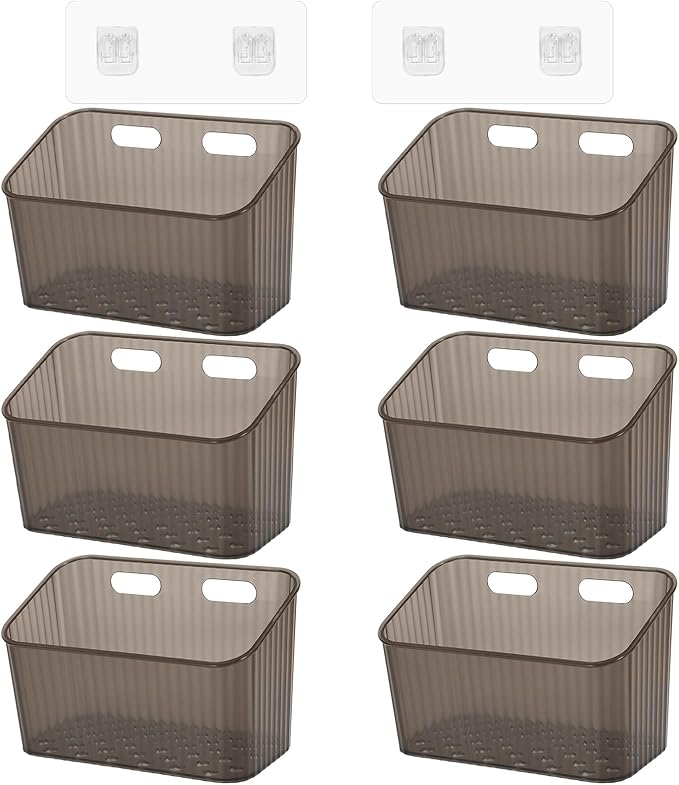 6Pcs Storage Organizer Bins Wall Mounted Organizer Basket Large Size Clear Plastic Makeup Organizer Adhesive Hanging Bin for Bathroom Kitchen Pantry（Grey）