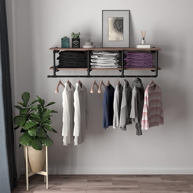 60In Industrial Pipe Clothing Rack with Top Shelf, Space-Saving Wall Mounted Clothes Rack 2 Tiers Pipe Shelves, Shelf with Hanging Rod for Laundry Room, Closet Storage