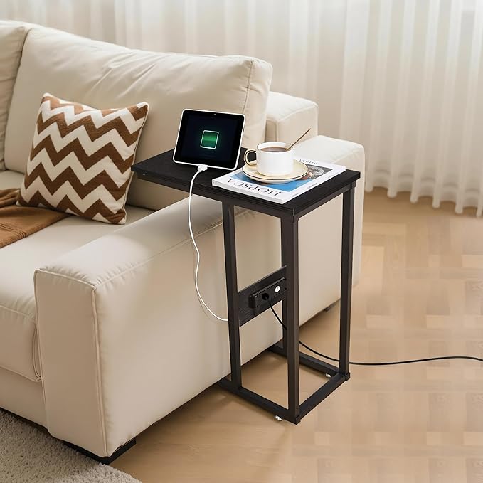 VECELO C Shaped End Side Table with Charging Station & Power Outlets for Couch Sofa/Bed, Snack TV Tray with Metal Frame for Living Room Bedroom 1 PCS, Black