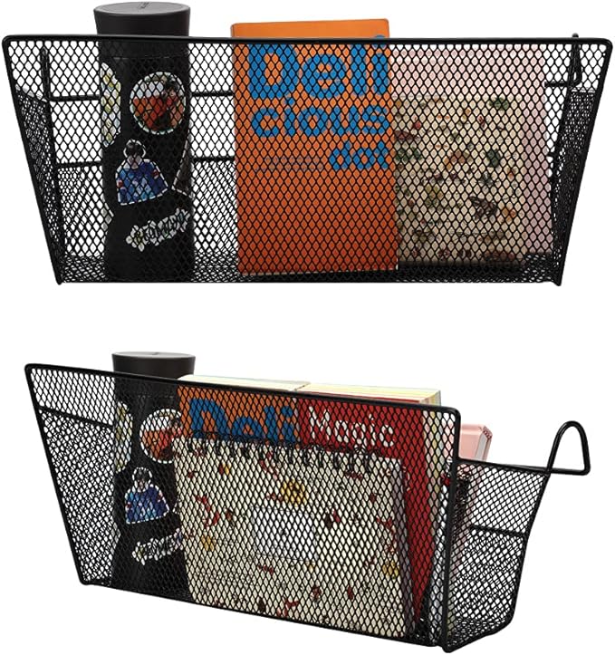 2 pcs Hanging metal mesh bedside storage basket， student dormitory bed storage baskets,used for bedside storage, beverage tissues and office rooms with hooks (black)