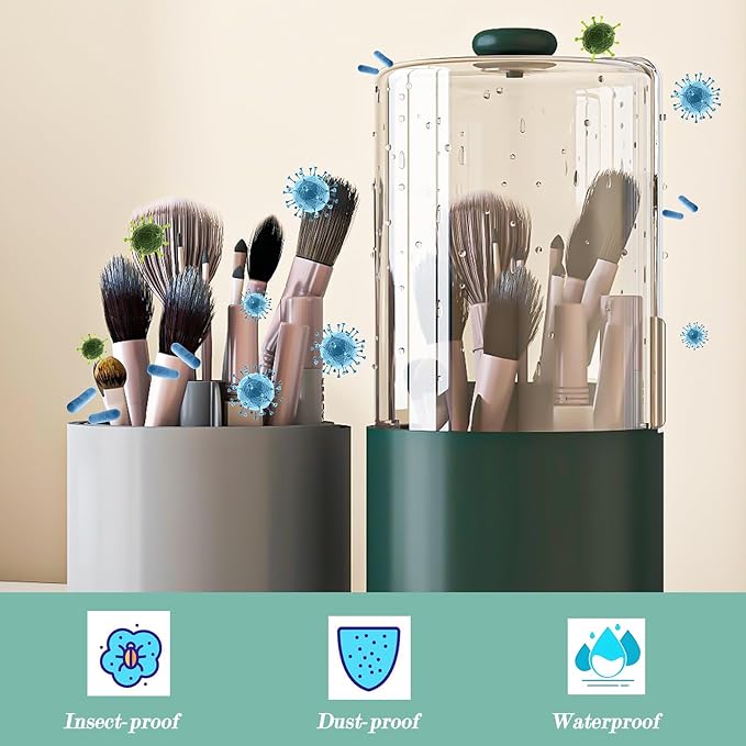 Makeup Brush Holder with Dustproof Cover, Clear 360 Rotating Make Up Brushes Organizer for Counter Vanity Bathroom, Olive Green