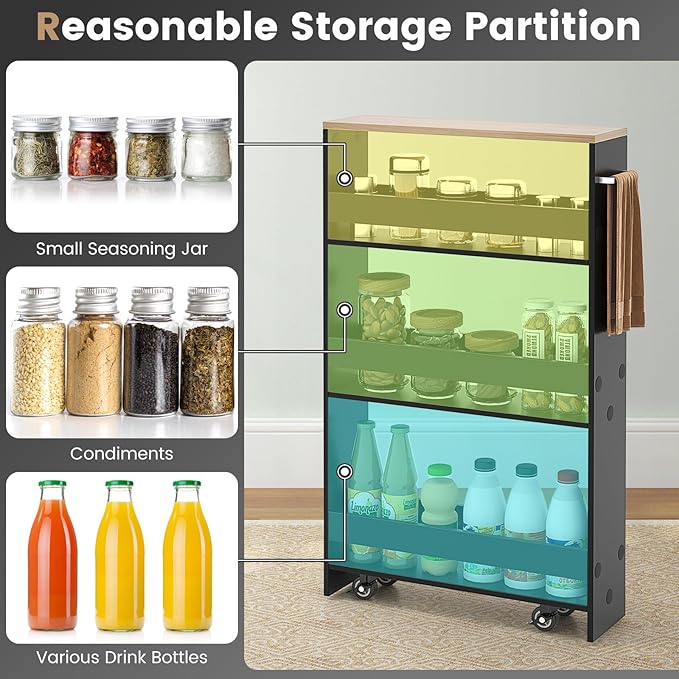 Slim Storage Cart, 4 Tier Rolling Storage Cabinet with 4 Universal Wheels, Convenient Handle, Narrow Laundry Cart for Small Space Bathroom Office