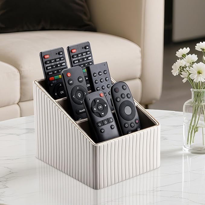 KINGFOM Remote Control Holder with 3 Compartments, Pu Leather Remote Caddy Desktop Organizer for TV, CD, Blu-Ray, Media Player, Heater Controllers and Cosmetics Office Supplies Light Beige