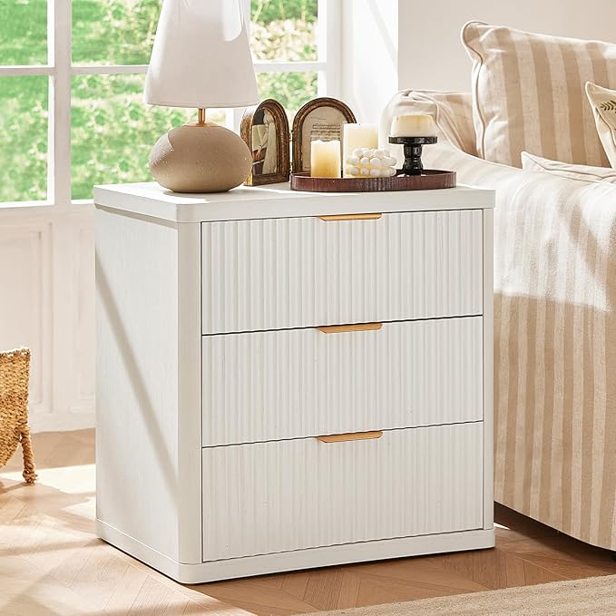 LEYAOYAO 23" Wide Fluted Night Stand with Charging Station,3 Drawers Large End Table with Storage,White Nightstand Wood Bedside Tables, Farmhouse Cabinet Dresser for Bedroom,Closet