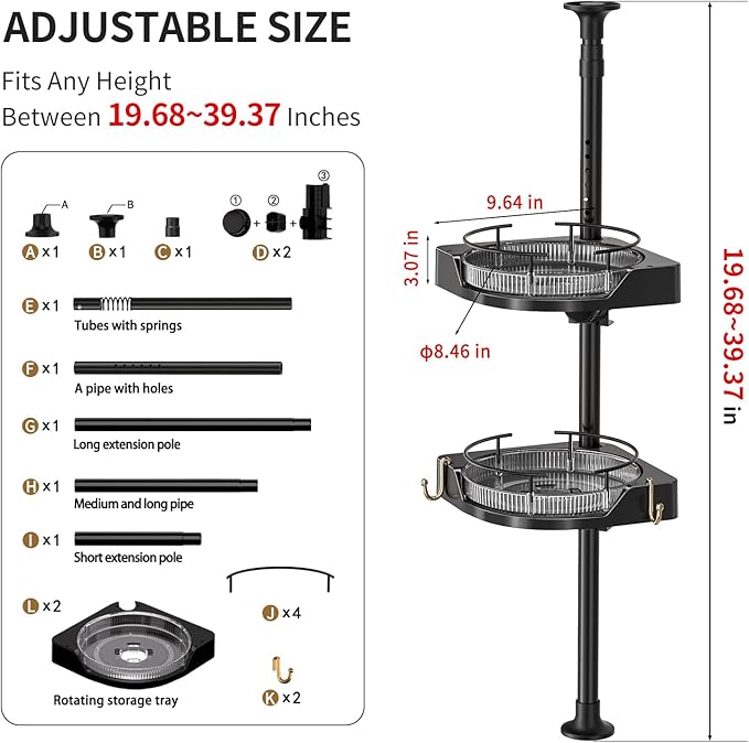 Standing Spice Rack Organizer, Counter Corner Double Tier Lazy Susan, Height Adjustable 360 Rotating Storage Rack with Hooks for Kitchen & Bathroom Corners (Black)