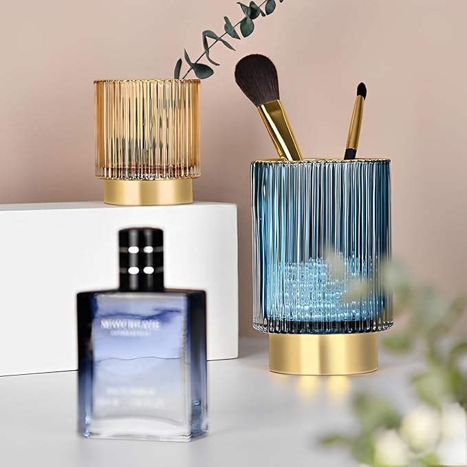 Makeup Brush Holder Organizer, Heavy Crystal Glass Brush Storage Holder, Vintage Cosmetic Make Up Bathroom Brushes Cup Pen Pencil Toothbrush Holder Striped Vase (S+L (blue))