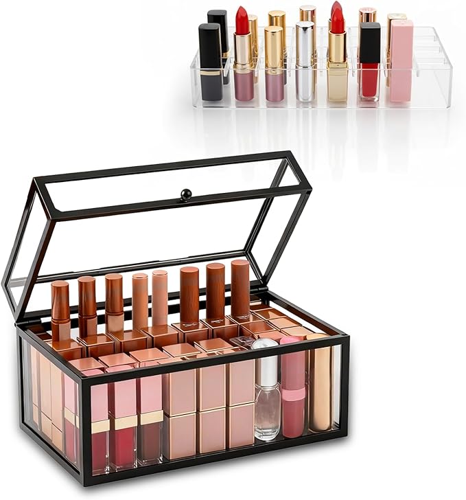 40 Lipsticks Organizer with Lid, Glass Display Box Fits Large Perfume & Skincare, Easy-Access Organiser for Vanity Countertop, Multifunctional Display Box in Any Rooms