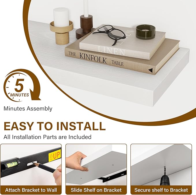 72 Inch Floating Shelves 2 Pack, 8 Inch Deep Floating Shelf Wall Mounted, Large Shelves with Invisible Bracket for Books|Storage, Rustic Wood Wall Shelf for Bedroom, Kitchen, Living Room, White