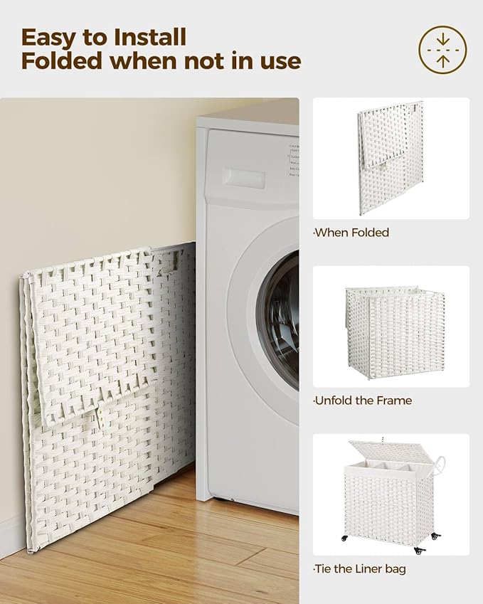 Greenstell Laundry Hamper with Wheels&Lid,130L Large 3 Sections Clothes Hamper with 2 Types Removable Liner Bags, 5 Mesh Laundry Bags, Handwoven Divided Laundry Basket White