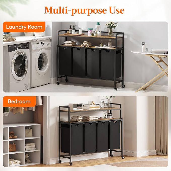 Lifewit Laundry Hamper 4 Section, 168L Pull out Laundry Clothes Basket Organizer with Large Top Shelf and 4 Removable Bags and Handles for Laundry Room Bedroom Bathroom, Black with Shelves and Wheels