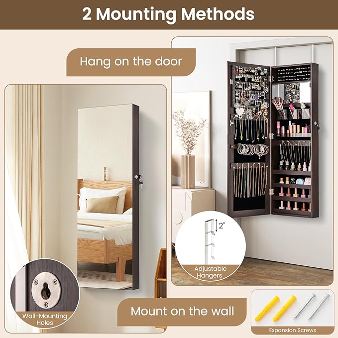 CHARMAID Jewelry Cabinet Wall or Door Mounted, Hanging Lockable Jewelry Armoire Storage With Full Length Mirror, Interior Makeup Mirror, Over the Door Organizer Box (Dark Brown)