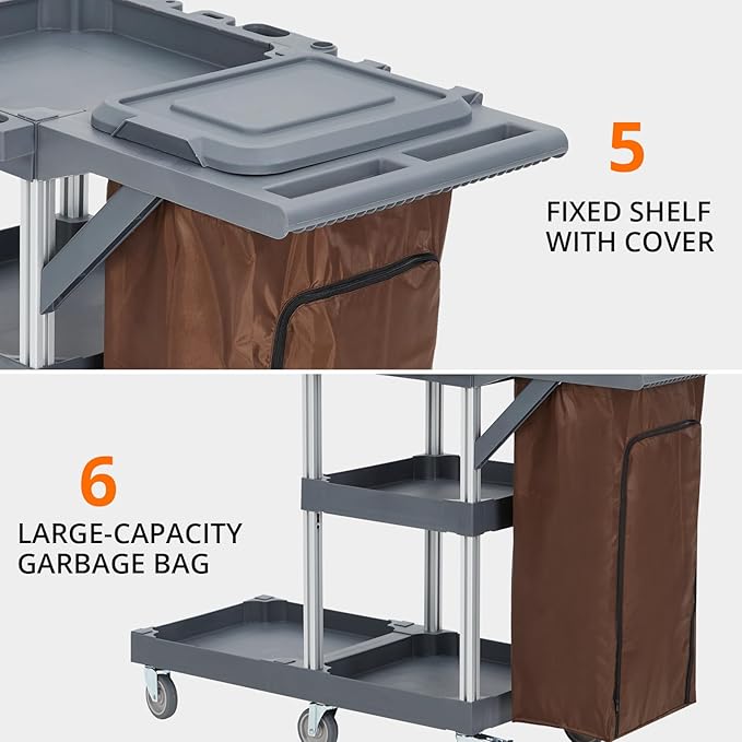 Cleaning Cart, Heavy-Duty Rolling Service Cart with 3-Tier Shelves & Hooks, 300 Lbs Capacity Mobile Janitorial Cart for Commercial Housekeeping Supplies Storage