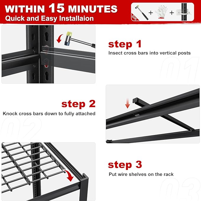 REIBII 3500LBS Garage Shelving, Adjustable Storage Shelves Heavy Duty, 6 Tier Heavy Duty Shelving, Metal Shelving Unit for Warehouse, Basement, Industrial, 55" W x 26" D x 84" H, Black, 4 Pack