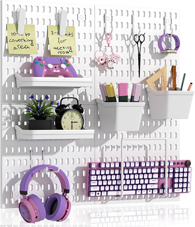 AKTOP Peg Board Wall Organizer 4-Pack – 12"x12" White Pegboard Combination Kit with 13 Accessories for Wall, Plastic Peg Board Panels for Home, Office, Garage Tool Storage & Craft Room