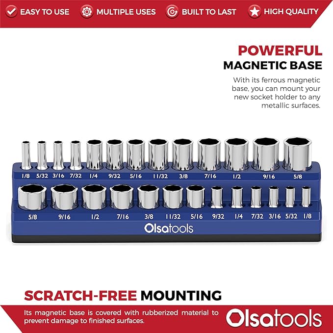 Olsa Tools Magnetic Socket Organizer | 1/4-inch drive | SAE BLUE | Holds 26 Sockets | Professional Quality Tools Organizer