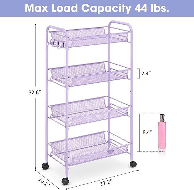 TOOLF 4-Tier Rolling Cart, Metal Utility Cart with 3 Hooks, Easy Assemble Mobile Storage Trolley On Wheels, Metal Shelving Units Kitchen Bathroom Laundry Room