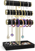 Flexzion 3 Tier Bracelet Holder Display Stand - Black Velvet Bracelet Holder Organizer with Detachable T Bar - Jewelry Display Stand for Bracelets, Bangles, Necklace, Watches, Rings