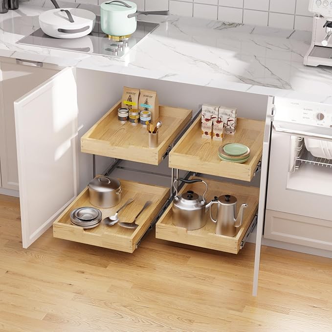 Wood Pull Out Cabinet Organizer 2 Tie 20" W x 21" D, Heavy-Duty Sliding Drawers for Inside Cabinets Storage and Organization for Kitchen, Pantry, Bathroom