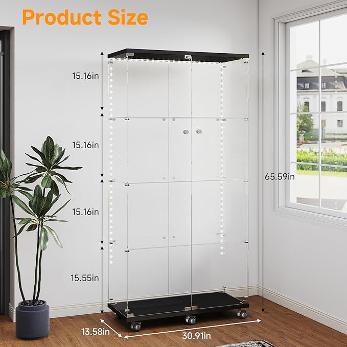 Tempered Glass Display Cabinet with Light Strip, 4-Tier Curio Cabinet with Glass Doors Wheels Locks, Glass Display Case for Collectibles for Living Room, Bedroom, Office, Black, Double Door