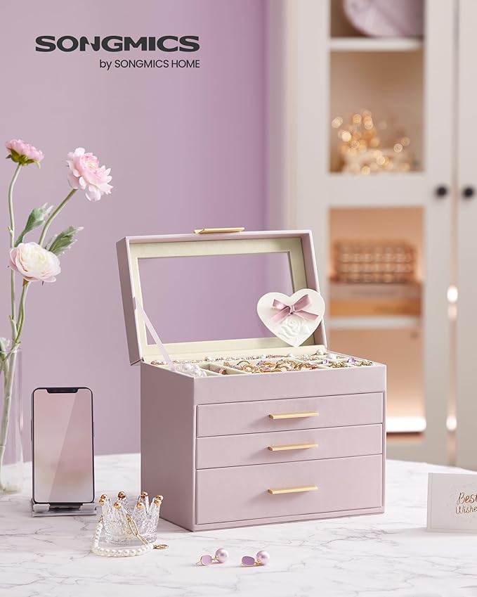 SONGMICS Jewelry Box Organizer with Glass Lid, 4-Layer Jewelry Storage, with 3 Drawers, Modern Style, Christmas Gift, 6 x 9.9 x 8.5 Inches, Lavender Purple and Gold Color UJBC161P01