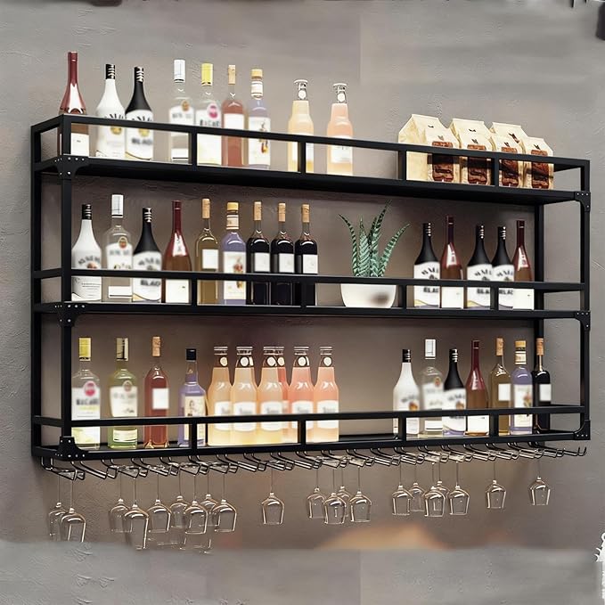 70.8in Wall Mounted Wine Rack, Wine Rack Wall Mounted with Wine Glass Rack, Metal Bar Bottle Display Shelf Wine Cups Hanging Holder, for Home Bar Cafe Decoration (Black, 70.8 * 10 * 35.5IN)