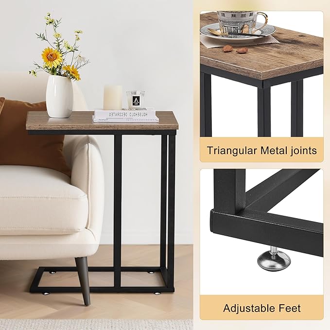 VECELO C Shaped End Side Table for Sofa Couch and Bed Snack TV Tray for Living Room Bedroom, 1 PCS Grey