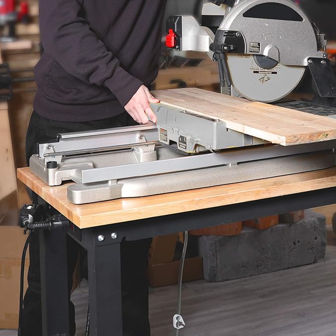 WORKPRO 48" Adjustable Workbench, Rubber Wood Top Heavy-Duty Workstation, 2000 LBS Load Capacity Hardwood Worktable with Power Outlets, for Workshop, Garage, Pack of 2
