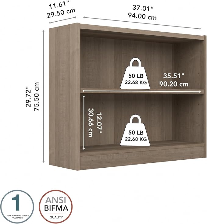 Bush Furniture Universal Small 2 Shelf Bookcase in Ash Gray, Low Storage and Display Bookshelf for Home Office or Living Room Organization