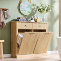 Modern Double Tilt-Out Laundry Hamper Cabinet, 20 Gallon Fluted Trash Can Cabinet with 2 Drawers, Wooden Hidden Garbage Can Cabinets with Laundry Basket, for Bathroom and Kitchen, Natural Oak