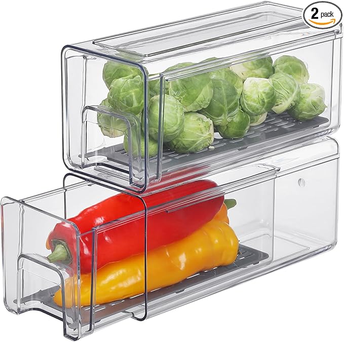 Plastic Clear Fridge Storage Organizer with Drawers & Drainer - Stackable Bins for Kitchen Fruit & Veggie Organization (2PCS, Small)