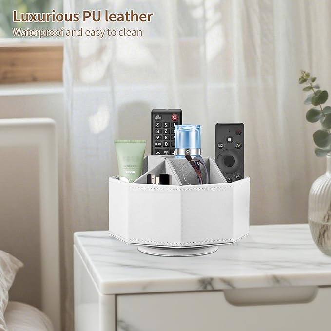 YAPISHI Swivel Remote Control Holder,9 Rooms Desk Organizer and Decorations for Living Room,Leather Bedside Storage Caddy for TV Controllers/Makeup Brush Pen/Office Stationery/Art Supplies/Eyeglasses