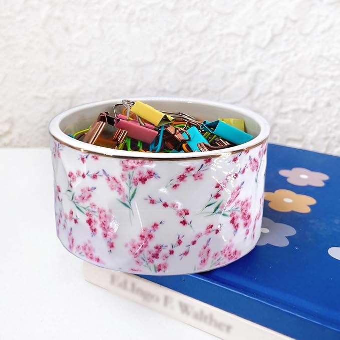 Paper Clip Holder Ceramic Paper Clip Holders Floral Paperclips Holder Dispenser Cute Gold Line Paper Clip Organizer for Desk Binder Clip Holder Bobby Pin Hair Clip Holder Gift for Office Pink Flowers