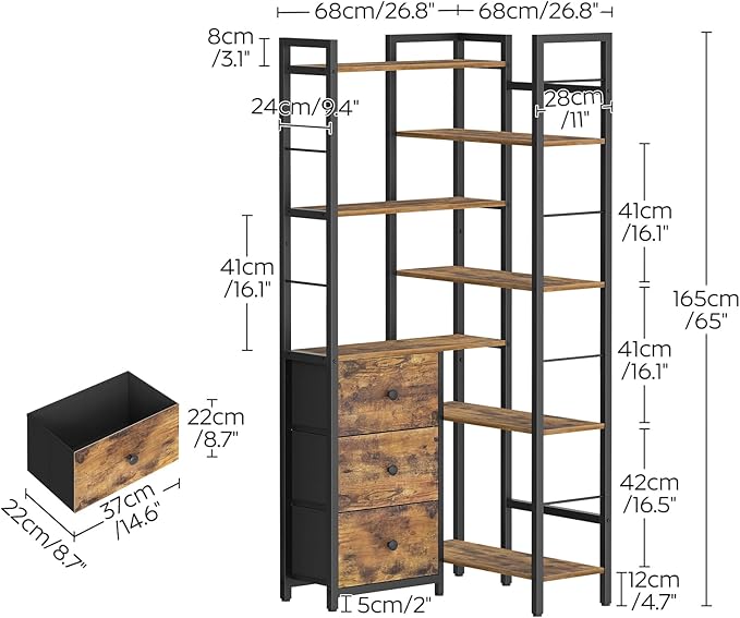 Corner Bookshelf, 7 Tier L-Shaped Bookcase with 3 Drawers, Storage Corner Shelf, Freestanding Tall Display Shelf, Industrial Style, for Living Room, Home Office, Rustic Brown and Black SJ10BR