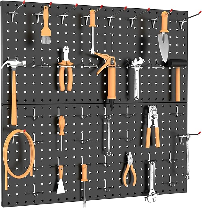 TORACK Metal Pegboard Wall Organizer 24" x 24" or 12" x 48", 70 PCS Tools Storage Pegboard for Garage Tool Organizer Peg Board with Pegboard Hooks for Workbench(Black)