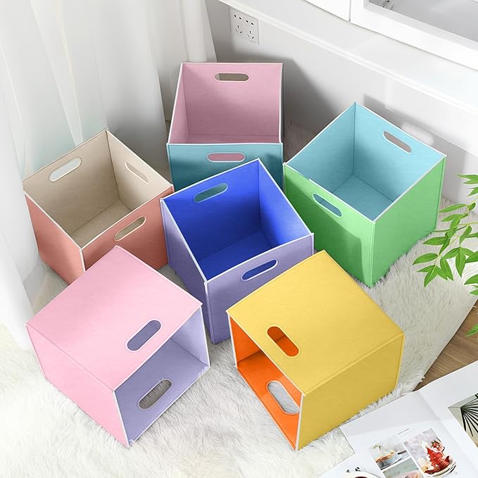 6 Pcs 11 Inch Colorful Felt Storage Cubes with Handle, Collapsible Fabric Storage Cubes Toy Bins Foldable Baskets for Nursery, Playroom, Kids Room, Toys, Books, Clothes(Macaron)