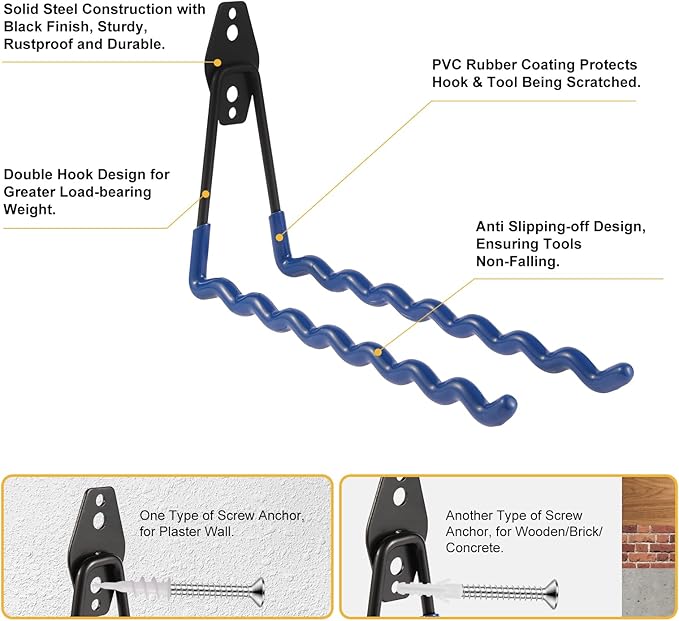 Wall Mounted Garage Hooks Tool Organizer, 12.4 Inch Garage Storage Hook Heavy Duty Utility Wall Hangers Blue for Ladders, Hose, Garden Tools, Set of 4