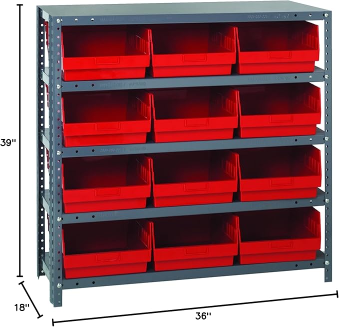 Quantum Storage Systems 1839-210RD Store More Steel Shelving Unit with 6" Shelf Bins, 18" D x 36" W x 39" H, Red