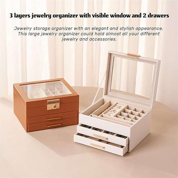Jewelry Box Organizer with Glass Lid, 3-Layer Jewelry Storage, with 2 Drawers, Modern Style, 8 x 9.1 x 5.3 Inches (White)