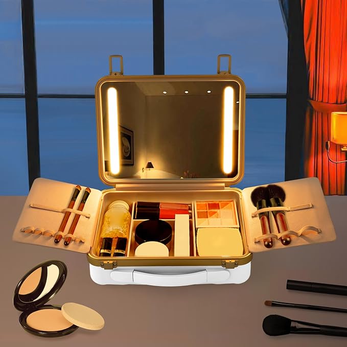 Portable Makeup Box, 11.42 * 3.54 * 8.66 In Travel Makeup Train Cases Cosmetic Organizer Portable Make Up Storage Box with Led Mirror for Makeup Artists Hair Stylists Nail Technicians (White)