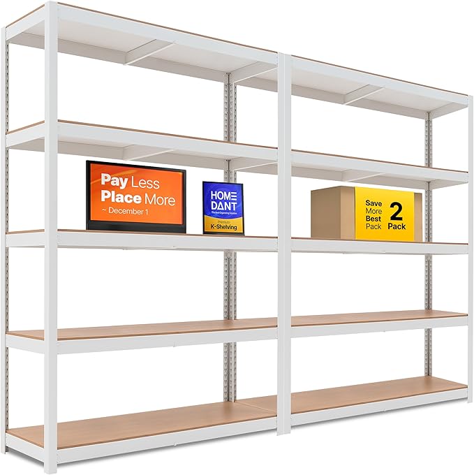 HOMEDANT House Lift-Beam White 48" Wide Boltless Heavy Duty Garage Storage Shelving Adjustable 5-Tier Metal Shelves Laminated Organization Shelf Industrial Utility Rack Pantry Shed Office Store 2Pack