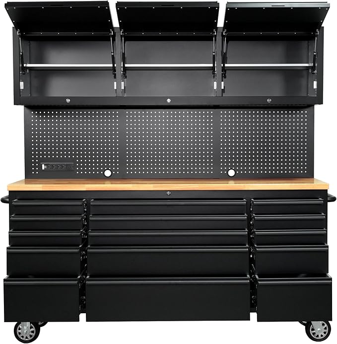CT Copper Tailor 72-inch Rolling Tool Chest with Integrated Power Strip,15 Drawers and Wheels, Garage Workbench with Storage, 3 Upper Cabinets, Pegboard in Matte Black