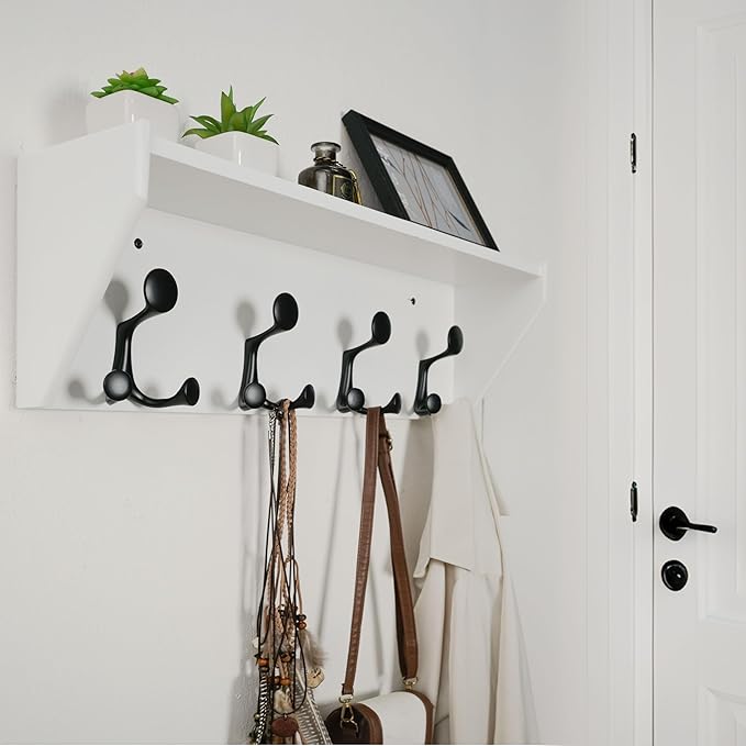WEBI Wall Shelf with Hooks Underneath,24” Long Wall Mounted Coat Rack with Shelf,Entryway Coat Rack with 4 Triple Hooks for Hanging Coats,Jacket,Hallway,Bedroom,Mudroom,White