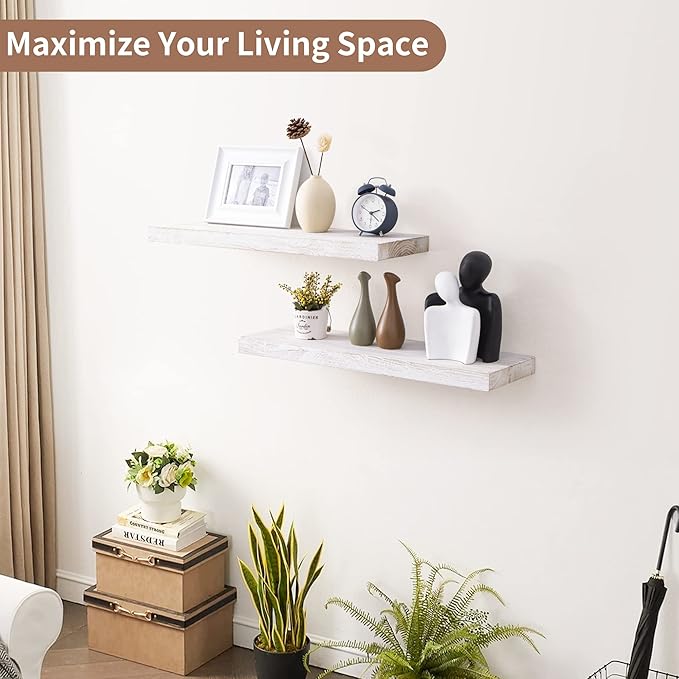 Axeman Floating Shelves - 24''W x 8''D Rustic Solid Elm Wood Wall Shelves for Storage, Wall Mounted Display Shelving with Invisible Heavy-Duty Metal Bracket (White Wash, 2PCs)